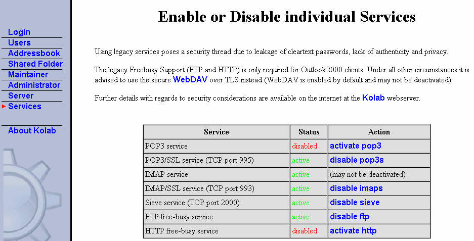 Configure kolab services